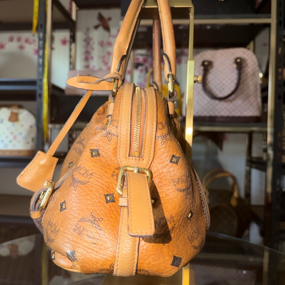 MCM Visetos Logo Satchel in Cognac and Black - Picture 3 of 7